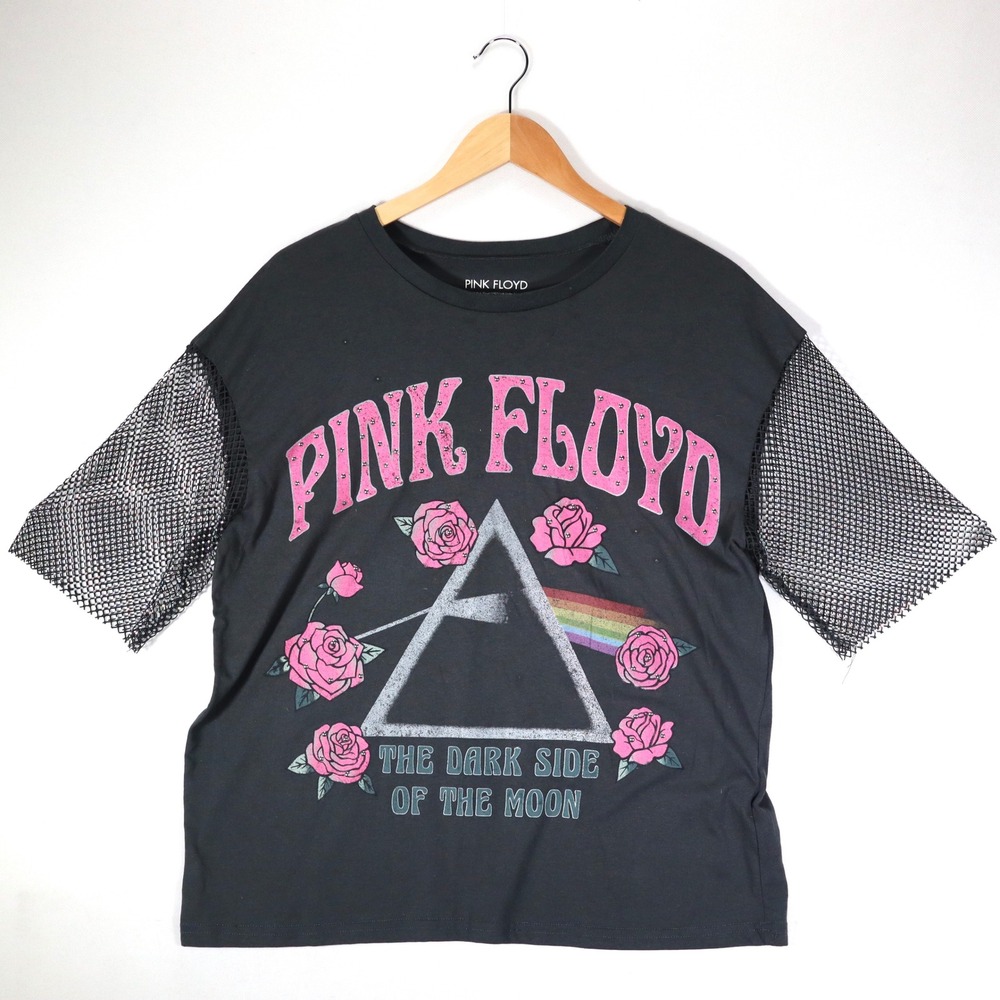 Women Pink Floyd T-Shirt Medium Black Dark Side Of The Moon Mesh Studded Rose